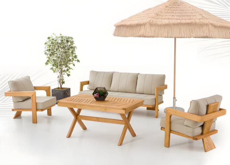 JVmoebel Gartenlounge-Set Holz und Textil Gartenmöbel Set aus in Beige, modern, robust, (4-tlg., Sofa 3 Sitzer, 2x Sessel, Esstisch), Made in Europe von JVmoebel
