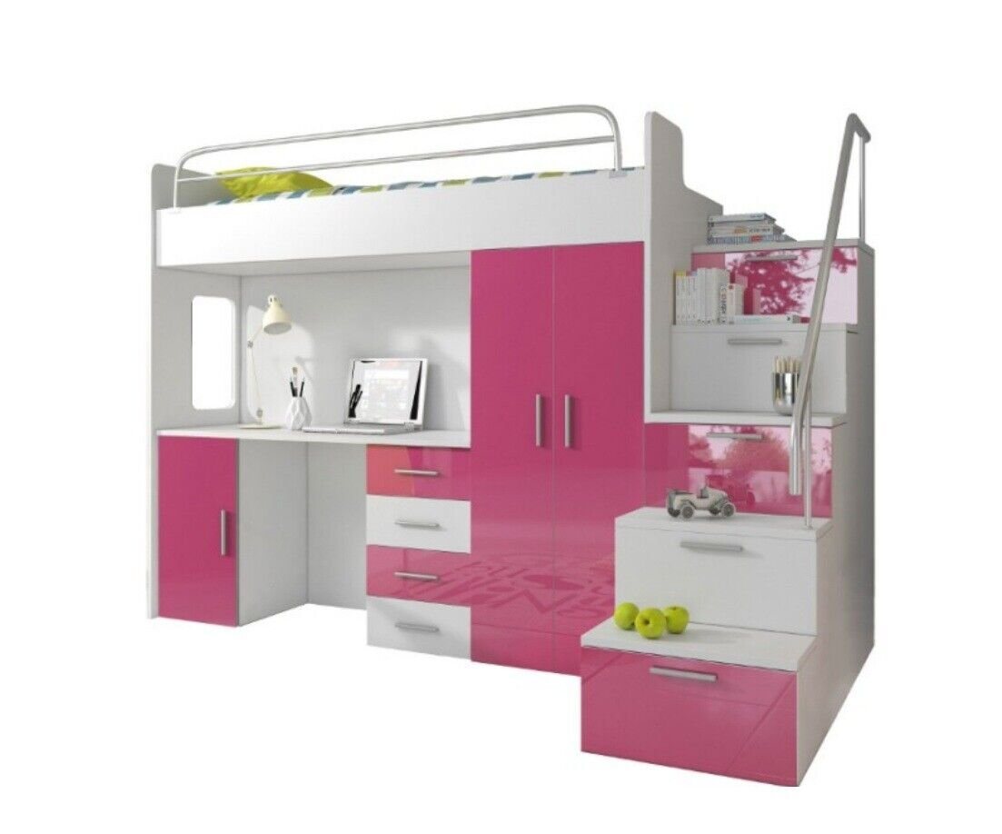 JVmoebel Hochbett Doppelstockbett Rosa Tisch Schrank Multifunktion Etagen Hochbett von JVmoebel