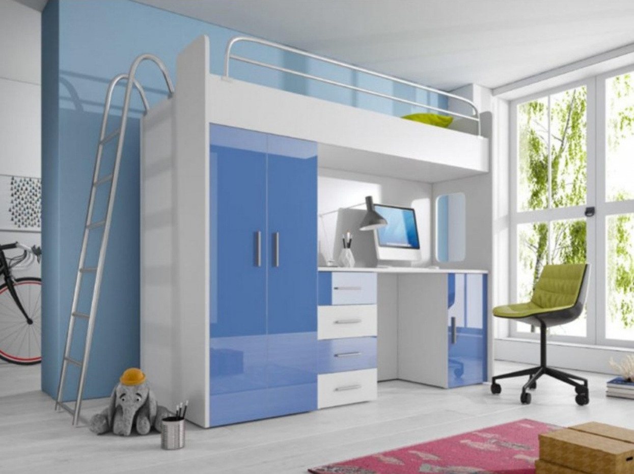 JVmoebel Hochbett Hochbett für Kinderzimmer mit Schrank und Schreibtisch in Blau Made in Europa JVmoebel Hochbett Hochbett für Kinderzimmer mit Schrank und Schreibtisch in Blau Made in Europa von JVmoebel