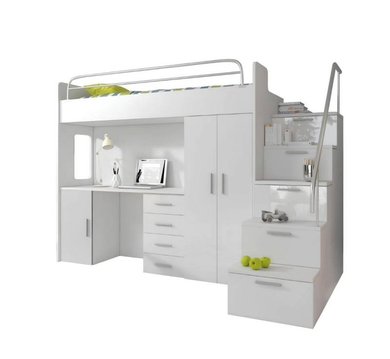 JVmoebel Hochbett Kinderzimmer Doppelstockbett Weiß Tisch Schrank Multifunktion Etagen Made in Europa von JVmoebel