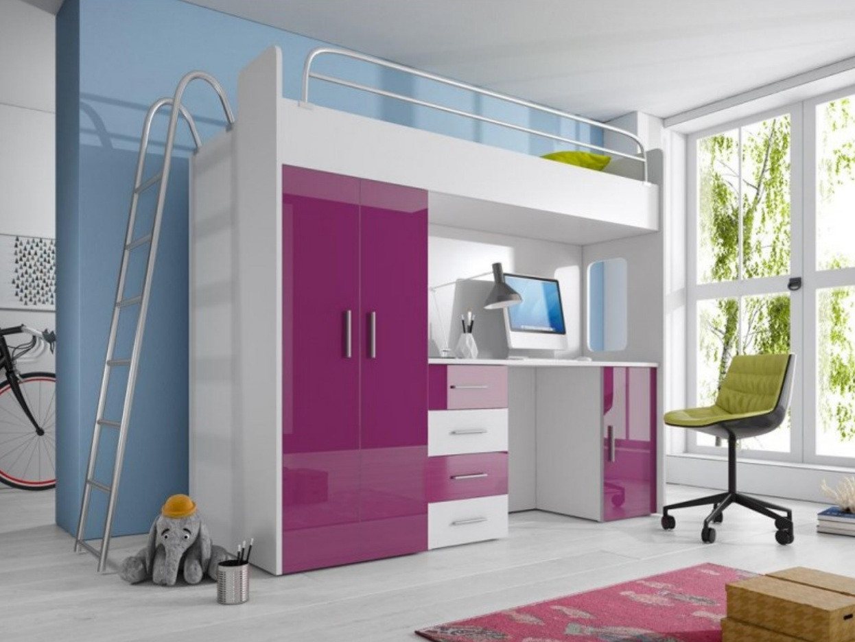 JVmoebel Hochbett Lila Hochglanz Etagenbett für Mädchen mit Schreibtisch und Schrank Made in Europa von JVmoebel