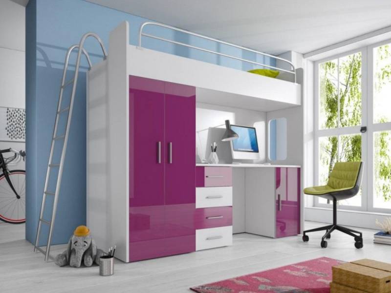 JVmoebel Hochbett Lila Hochglanz Etagenbett für Mädchen mit Schreibtisch und Schrank Made in Europa von JVmoebel