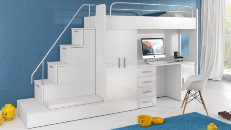 JVmoebel Hochbett Weißes Kinder Hochbett Modernes Doppelstockbett in Hochglanz SOFORT (Multifunktions-Hochbett/Hochbett/Treppe/Schreibtisch/Kleiderschrank) Made in Europa von JVmoebel