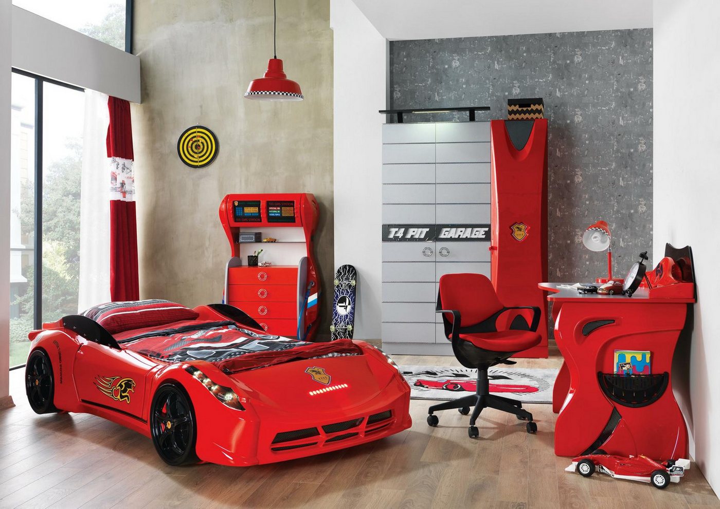 JVmoebel Jugendzimmer-Set Auto Set Bett Kleiderschrank Kommode Schreibtisch Junge Möbel 4tlg., (4-tlg., 1x Bett + 1x Kleiderschrank + 1x Schreibtisch + 1x Kommode), Made in Europa von JVmoebel