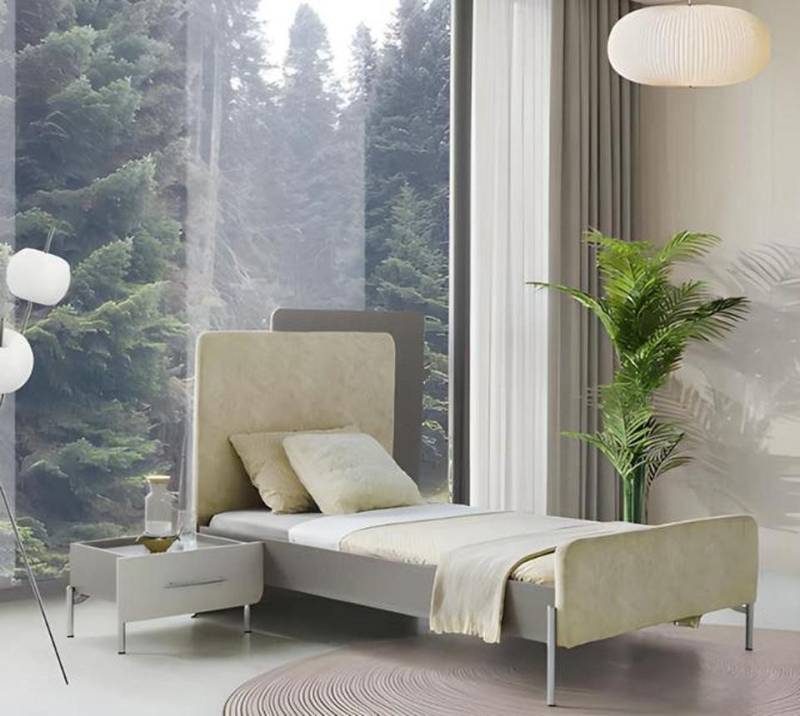 JVmoebel Jugendzimmer-Set Beige Bett mit gepolstertem Kopfteil & passendem Nachttisch, (Bett, Nachttisch), Made in Europe von JVmoebel