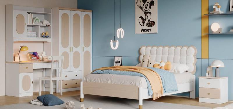 JVmoebel Jugendzimmer-Set Beige Design Kinderzimmer Set 6tlg: Bett + 2 Nachttische aus Holz, (Bett, 2x Nachttische, Kleiderschrank, Schreibtisch, Stuhl), Made in Europe von JVmoebel