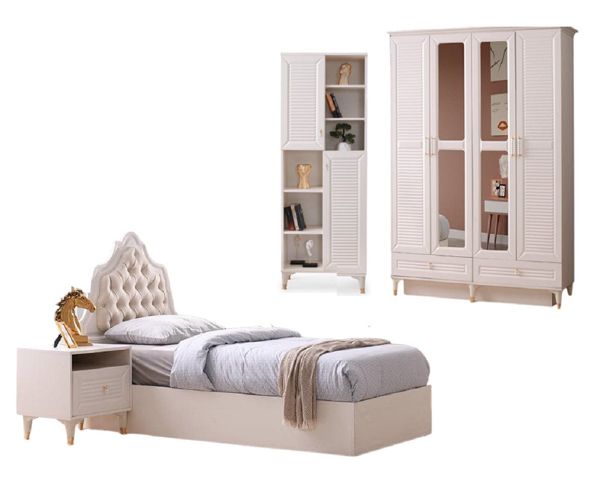 JVmoebel Jugendzimmer-Set Beige Jugendzimmer-Set Bett Nachttisch Kleiderschrank Bücherregal, (4-St., Bett + Nachttisch + Kleiderschrank + Bücherregal), Made in Europa von JVmoebel