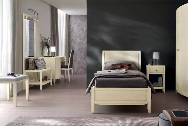 JVmoebel Jugendzimmer-Set Beiges Luxus Schlafzimmer Set mit Bett, Nachtkommode und Schreibtisch, (4-tlg., Nur Bett + Nachttisch + Schreibtisch + Standspiegel), Made in Europa von JVmoebel