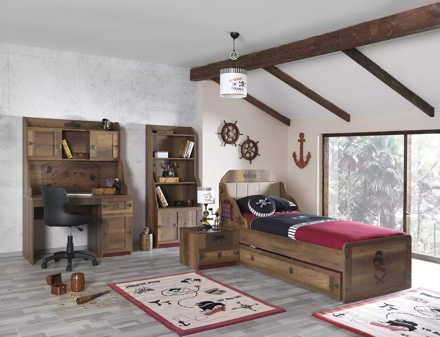 JVmoebel Jugendzimmer-Set Braun Piraten Kinderzimmer Set 5-teilig Jugendbett aus Holz, (5-tlg., Nur Bett + Nachttisch + Schreibtisch + 2x Bücherregale), Made in Europa von JVmoebel