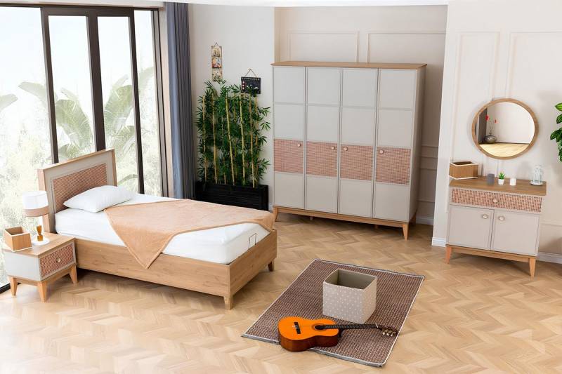 JVmoebel Jugendzimmer-Set Designer Kinderzimmer Komplettset mit Bett und Kleiderschrank, (5-tlg., Kinderbett/Nachttisch/Kleiderschrank/Kommode/Spiegel), Made in Europa von JVmoebel