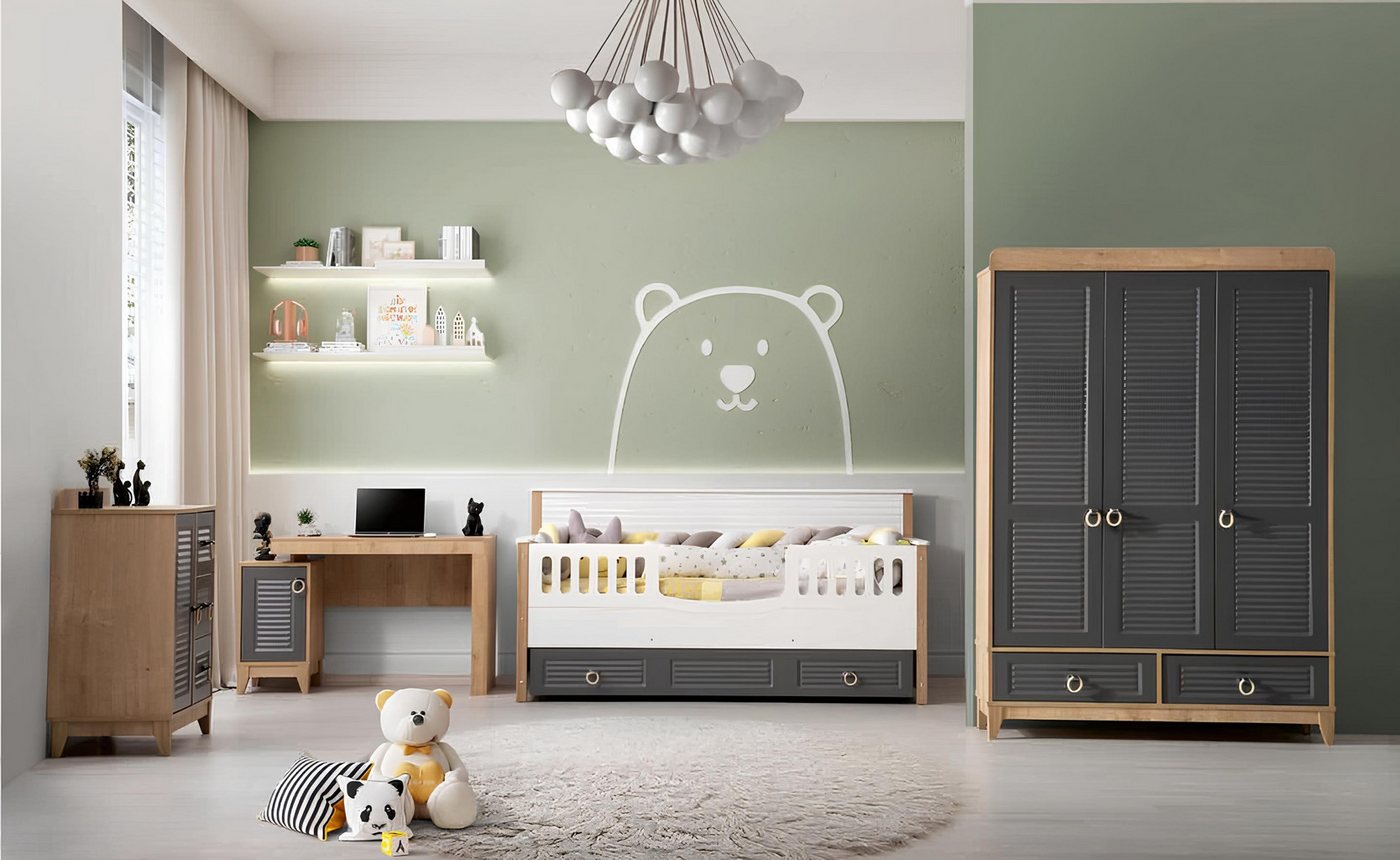 JVmoebel Jugendzimmer-Set Elegantes Möbelset für Kinderzimmer - Grau Holz Kinderbett, (4-tlg., 1x Bett + 1x Kleiderschrank + 1x Kommode + 1x Schreibtisch), Made in Europa von JVmoebel