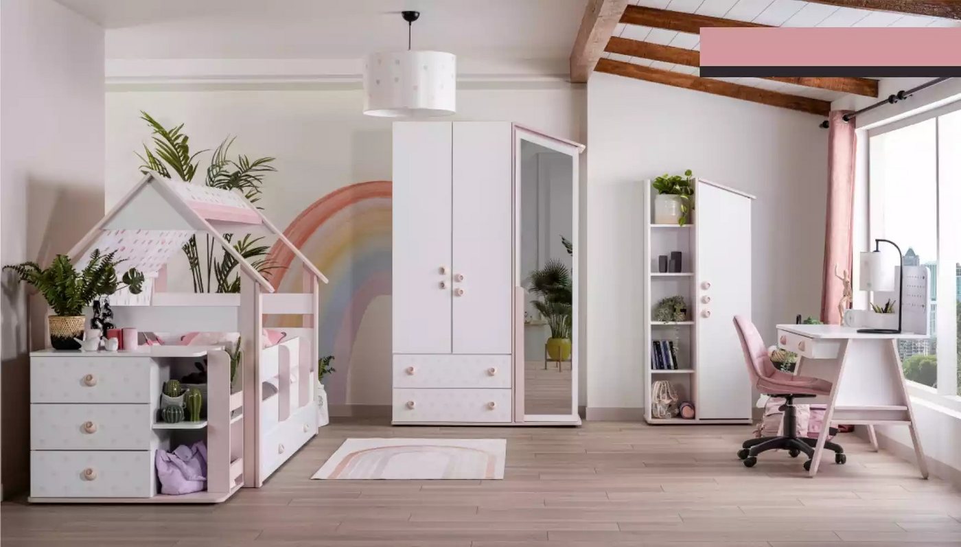 JVmoebel Jugendzimmer-Set Funktionsbett Komplette Bett Kindermöbel Kinderzimmer Rosa 6tlg Holz, (6-tlg., Nur Bett+Kleiderschrank+Kommode+Schreibtisch+Bücherregale+Regal), Made in Europa von JVmoebel