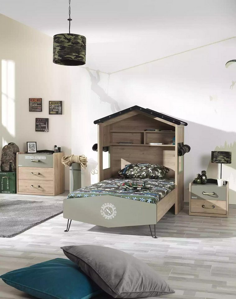 JVmoebel Jugendzimmer-Set Garnitur Bett Nachttisch Kommode Kinderzimmer Grün 3tlg Holz Set, (3-St., Bett + Nachttisch + Kommode), Made in Europe von JVmoebel