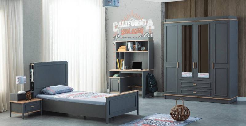 JVmoebel Jugendzimmer-Set Grau Holz Kinderbett Set für das Kinderzimmer, 4 Teile, (4-tlg., Kinderbett, Nachttisch, Kleiderschrank, Schreibtisch), Made in Europa von JVmoebel