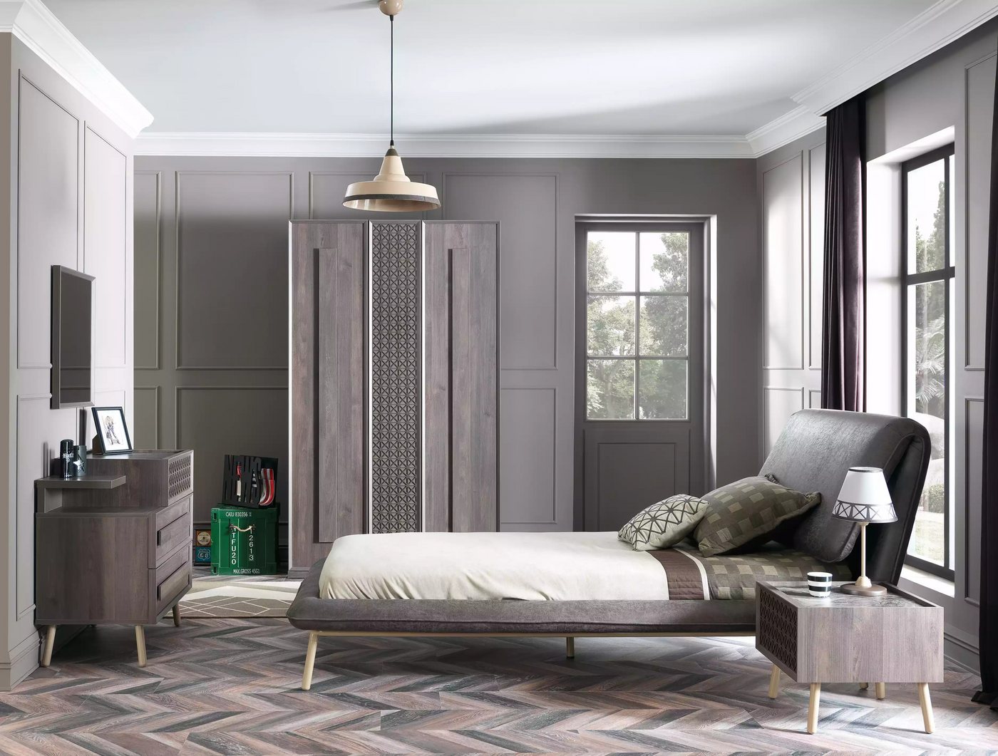 JVmoebel Jugendzimmer-Set Grau Jugendbett 5-teiliges Set aus Holz mit Polsterung, (5-tlg., Bett + Nachttisch + Kleiderschrank + Kommode + Spiegel), Made in Europa von JVmoebel