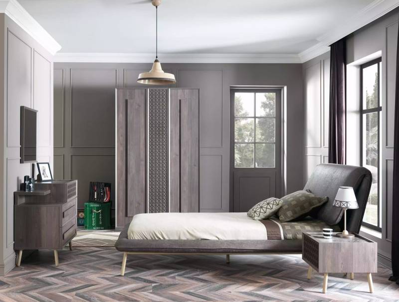 JVmoebel Jugendzimmer-Set Grau Jugendbett für Kinderzimmer - 5-teiliges Holz Möbelset, (5-tlg., Bett + Nachttisch + Kleiderschrank + Kommode + Spiegel), Made in Europa von JVmoebel
