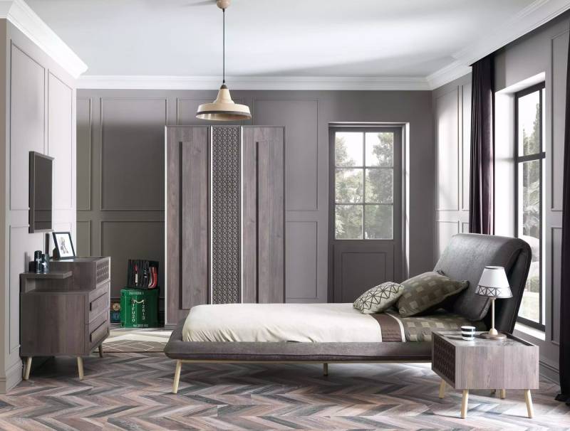 JVmoebel Jugendzimmer-Set Grau Kinderzimmer Jugendbett Kindermöbel Bett Holz Set 5tlg, (5-tlg., Bett + Nachttisch + Kleiderschrank + Kommode + Spiegel), Made in Europa von JVmoebel
