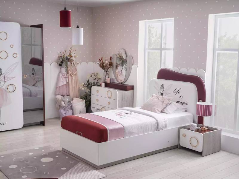 JVmoebel Jugendzimmer-Set Holz Kinderzimmer Bett Bettkasten Nachttisch Kommode Spiegel Rosa Set, (4-tlg., Bett + Nachttisch + Kommode + Spiegel), Made in Europa von JVmoebel