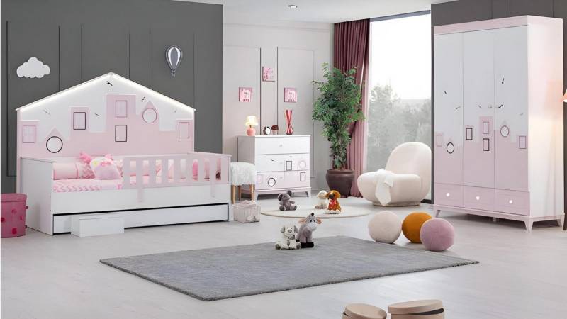 JVmoebel Jugendzimmer-Set Holz Kinderzimmer Möbel Kinderbett Rosa Kleiderschrank Kommode, (3-tlg., Kinderbett + Kommode + Kleiderschrank), Made in Europa von JVmoebel