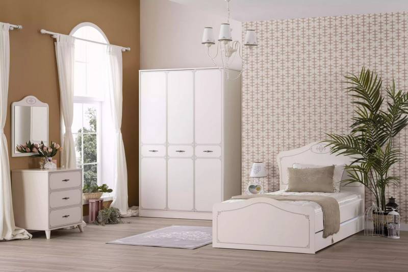 JVmoebel Jugendzimmer-Set Jugendbett Set 5tlg. Ausziehbar Funktionsbett Holz Weiß, (5-tlg., Bett + Nachttisch + Kleiderschrank + Kommode + Spiegel), Made in Europa von JVmoebel