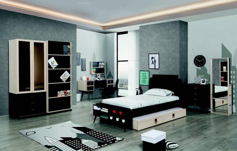 JVmoebel Jugendzimmer-Set Bett Nachttisch Kleiderschrank Wandregal Schwarz 7tlg., (7-tlg., Jugendzimmer-Set 7tlg), Made in Europa von JVmoebel