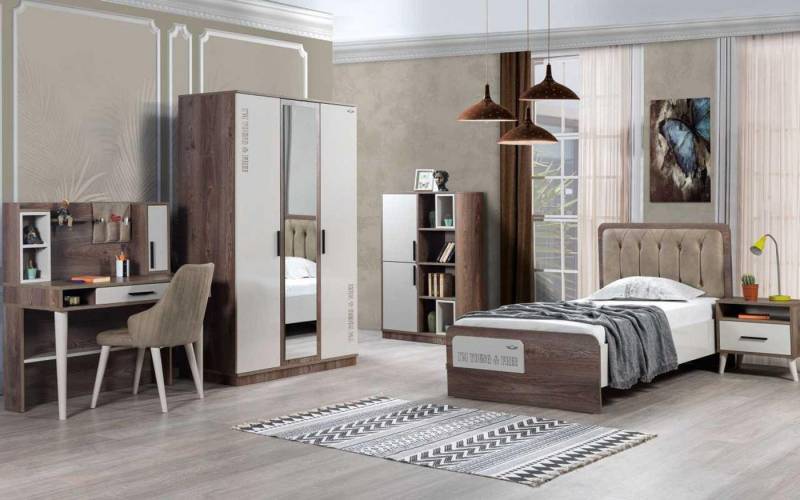 JVmoebel Jugendzimmer-Set Komplettzimmer Jugend Bett Bücherregal Nachttisch Holzmöbel 5tlg, (5-tlg., 1xBett+1xNachttisch+1xKleiderschrank+1xBücherregal+1xSchreibtisch), Made in Europa von JVmoebel