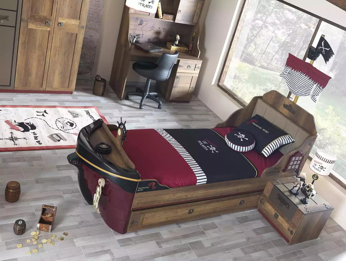 JVmoebel Jugendzimmer-Set Jugendzimmer Set Pirat Funktionsbett Braun Holz Set Nachttisch Betten, (2-tlg., Nur Bett + Nachttisch), Made in Europa von JVmoebel