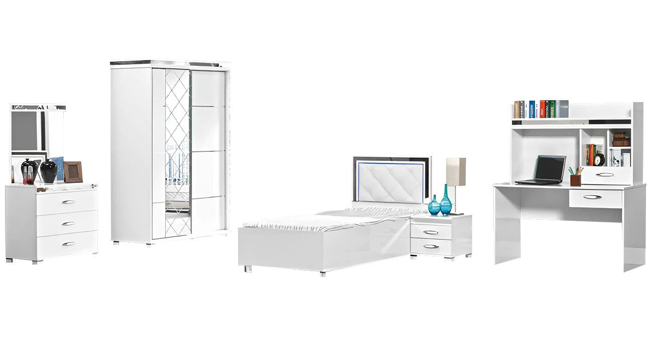 JVmoebel Jugendzimmer-Set Kindermöbel Bett Nachttisch Kleiderschrank 5tlg Weiß Einzelbett Tische, (5-tlg., Jugendzimmer-set 5tlg), Made in Europa von JVmoebel