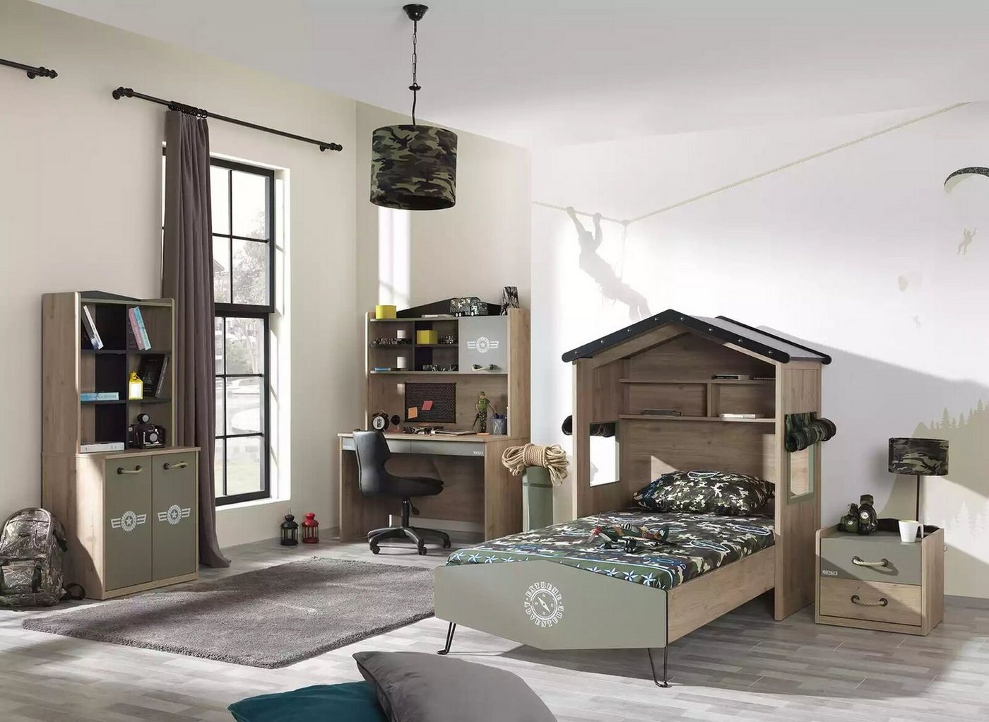 JVmoebel Jugendzimmer-Set Kindermöbel Luxus Kinderzimmer Garnitur Bett Grün Bettrahmen 5tlg Holz, (5-St., Nur Bett + Nachttisch + Schreibtisch + 2x Bücherregale), Made in Europe von JVmoebel