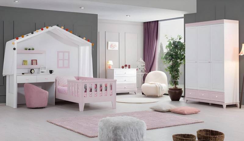 JVmoebel Babymöbel-Set Kinderzimmer Modern Kinderbett mit Schreibtisch Kommode Kleiderschrank, (4-tlg., Bett mit Schreibtisch + Kommode + Kleiderschrank), Made in Europa von JVmoebel