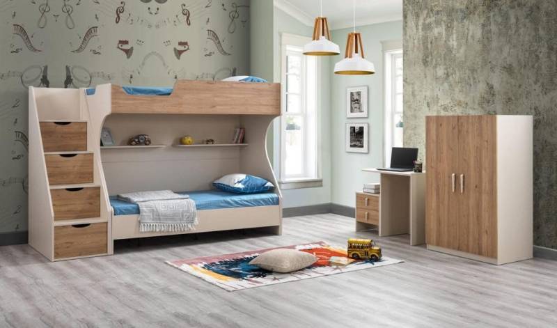 JVmoebel Etagenbett Kinderzimmer-Set aus Holz in Braun mit modernem Design (4-St., Kinderbett, Nachttisch, Schreibtisch, Kleiderschrank), Made in Europe von JVmoebel
