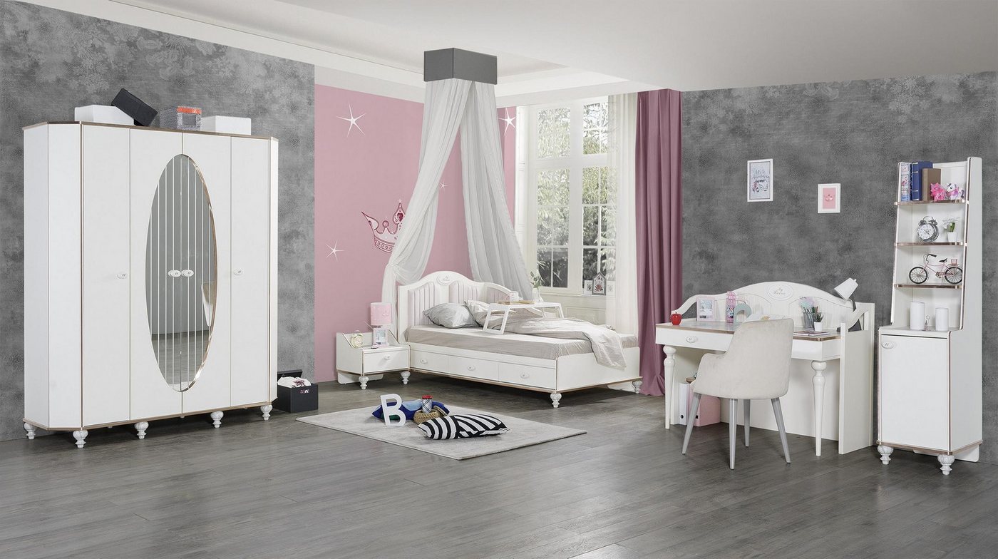 JVmoebel Jugendzimmer-Set Kinderzimmer Set mit Bett, Nachttisch und Schreibtisch, 5 Teile, (5-tlg., 1xBett+1xNachttisch+1xKleiderschrank+1xSchreibtisch+1xBüecherregal), Made in Europa von JVmoebel