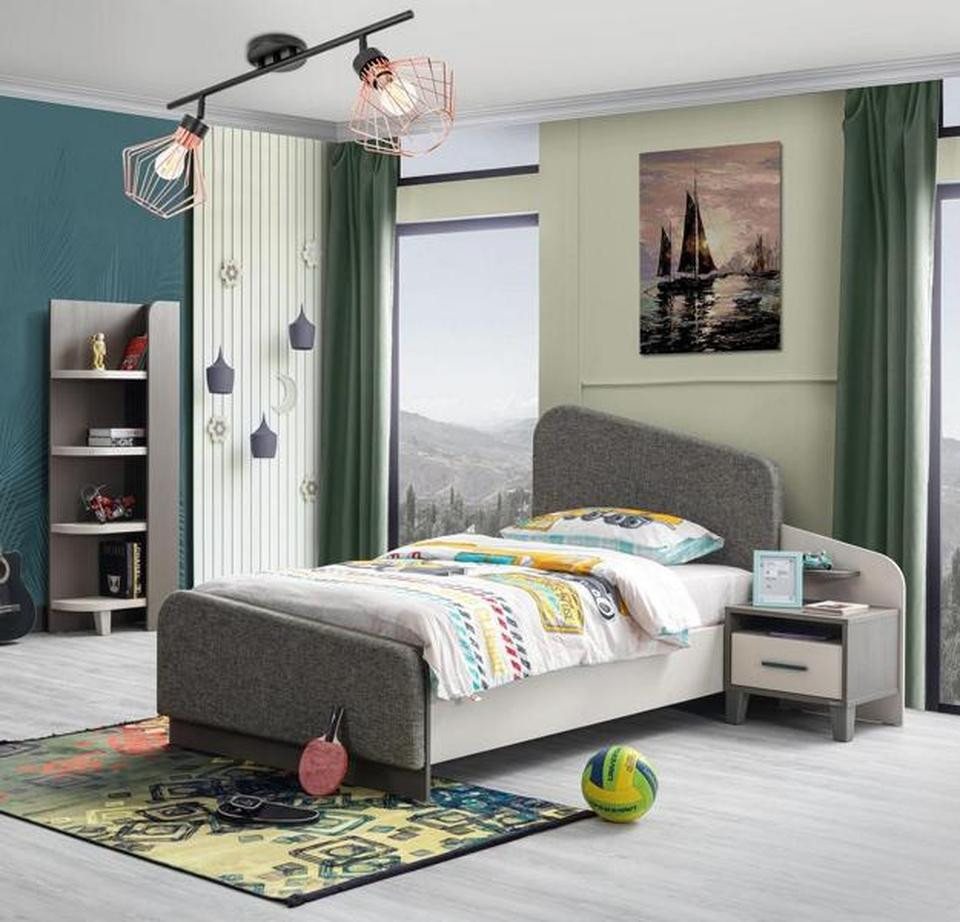 JVmoebel Jugendzimmer-Set Kinderzimmer Set: Bett, Nachttisch, Bücherregal, Grau, Holz, Modern, (3-tlg., Kinderbett, Nachttisch, Buecherregal), Made in Europe von JVmoebel