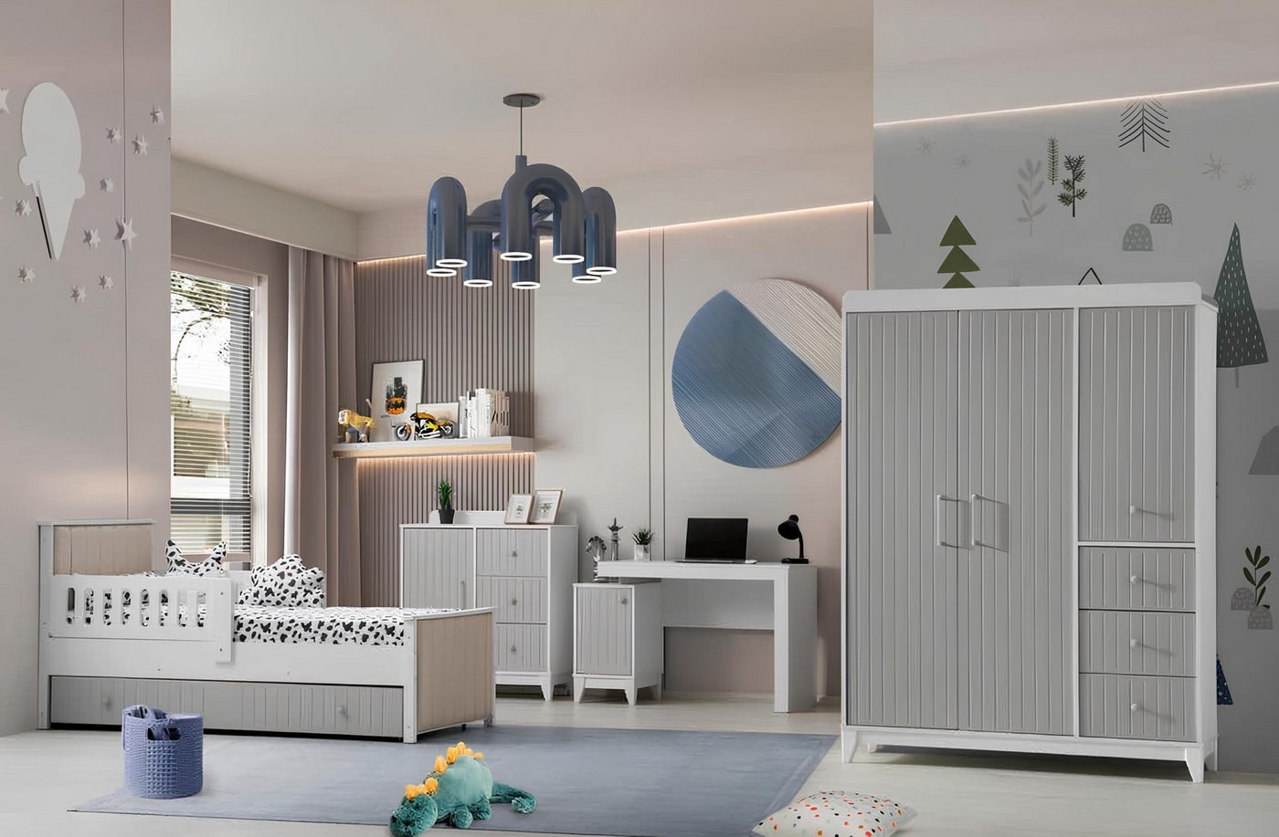 JVmoebel Jugendzimmer-Set Kinderzimmer-Set: Bett, Schreibtisch, Kommode & Kleiderschrank, (4-tlg., 1x Bett + 1x Kleiderschrank + 1x Kommode + 1x Schreibtisch), Made in Europa von JVmoebel