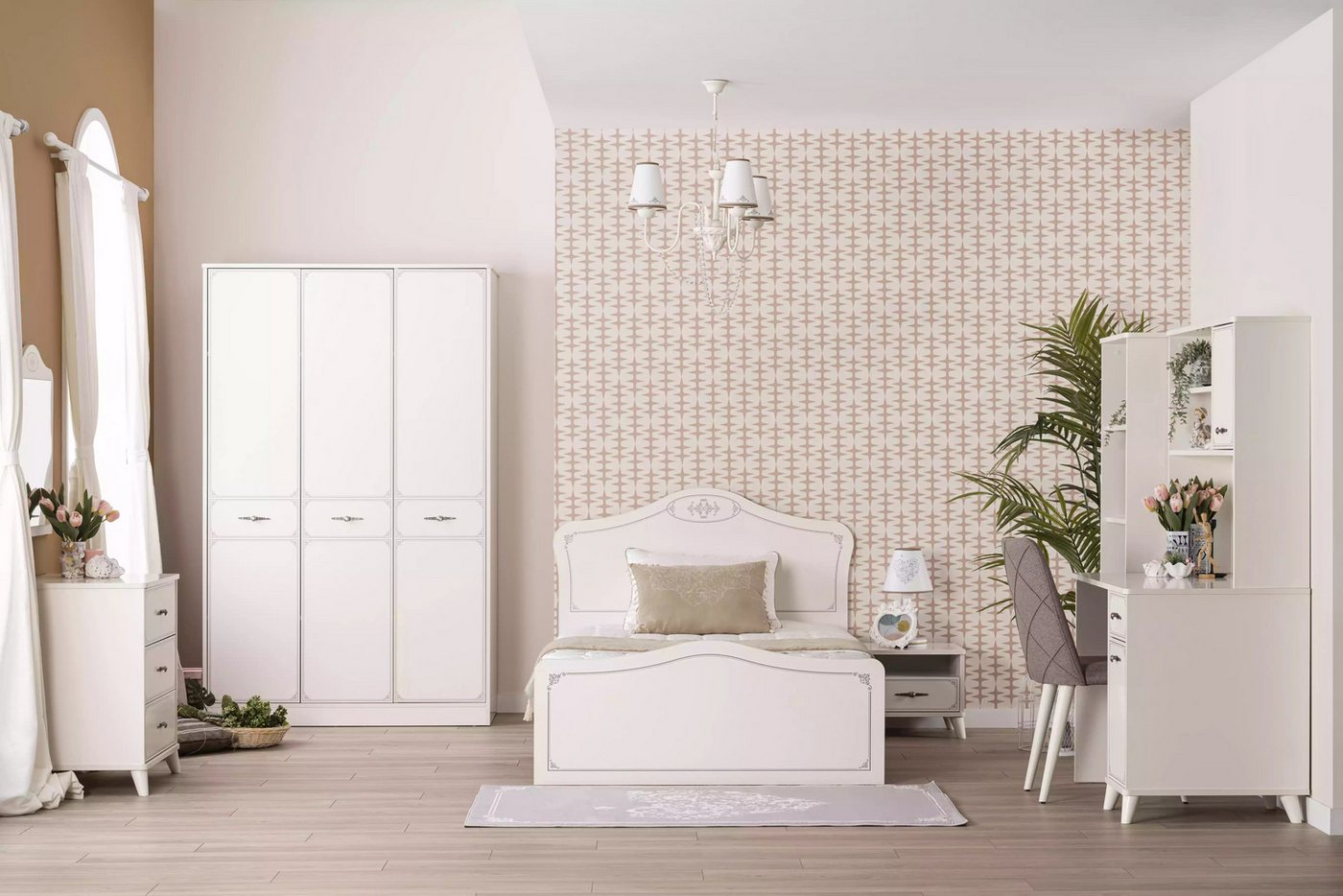 JVmoebel Jugendzimmer-Set Komplette Jugendbett Funktionsbett Ausziehbares Set 8tlg Holz Weiß, (8-tlg., Bett+Nachttisch+Kleiderschrank+Kommode+Schreibtisch+2xBücherregale), Made in Europa von JVmoebel