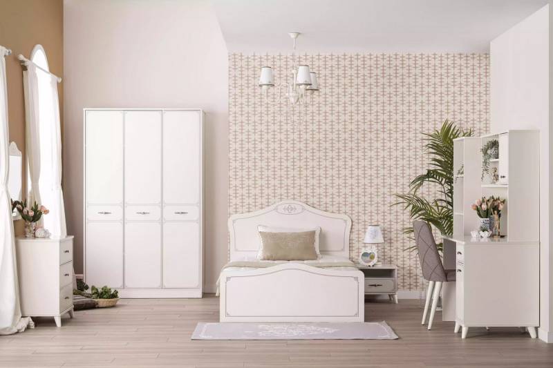 JVmoebel Jugendzimmer-Set Komplette Jugendbett Funktionsbett Ausziehbares Set 8tlg Holz Weiß, (8-tlg., Bett+Nachttisch+Kleiderschrank+Kommode+Schreibtisch+2xBücherregale), Made in Europa von JVmoebel