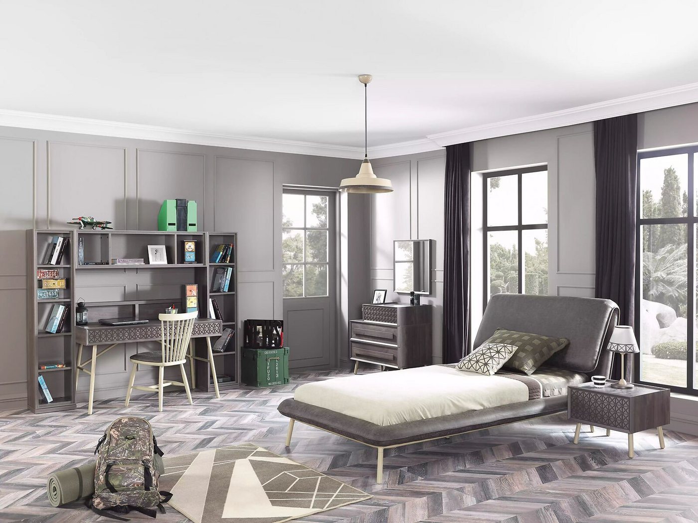 JVmoebel Jugendzimmer-Set Komplette Jugendzimmer Bett Kommode Bücherregale Set 7tlg Holz Grau, (Nur Bett+Nachttisch+Kommode+Spiegel+Schreibtisch+Bücherregale), Made in Europa von JVmoebel