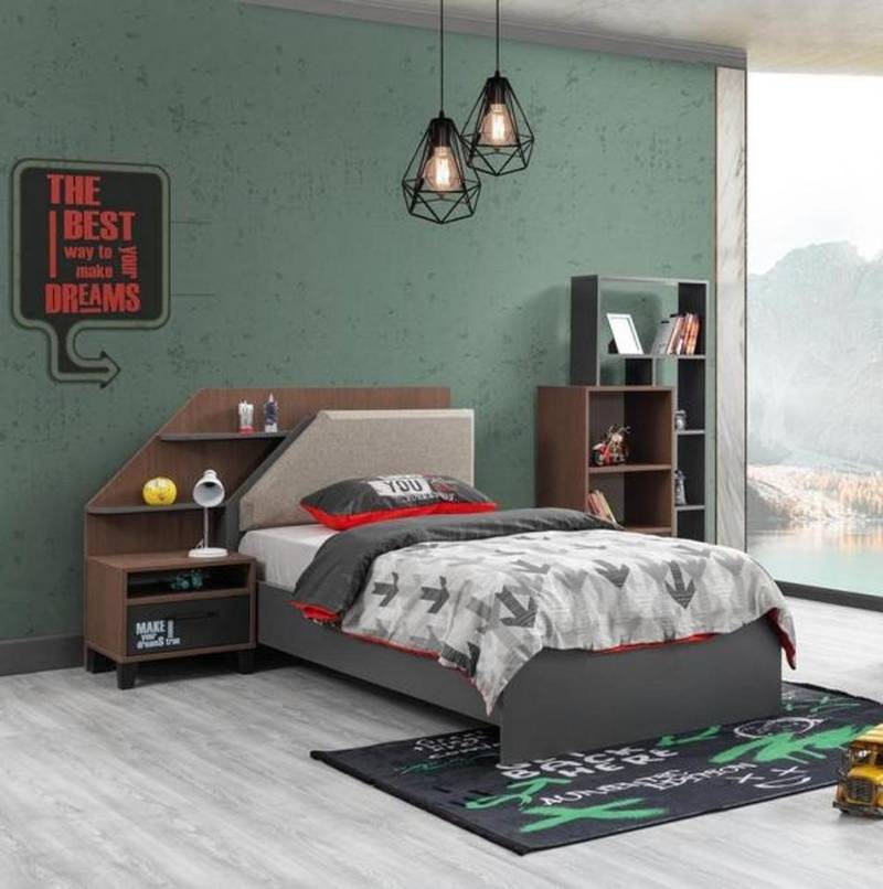 JVmoebel Jugendzimmer-Set Luxuriöses Kinderzimmer Set: Grau Holz Kinderbett & Nachttisch, (2-tlg., Kinderbett, Nachttisch), Made in Europe von JVmoebel