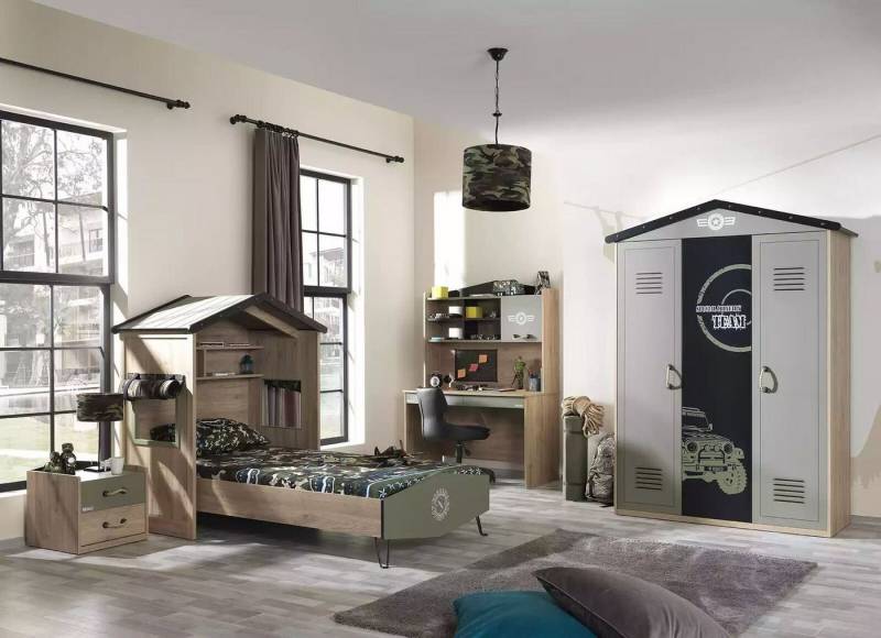 JVmoebel Jugendzimmer-Set Luxus Kinderzimmer Garnitur Bett Grün Bettrahmen 5tlg Holz, (5-St., Nur Bett + Nachttisch + Kleiderschrank + Schreibtisch + Bücherregal), Made in Europe von JVmoebel