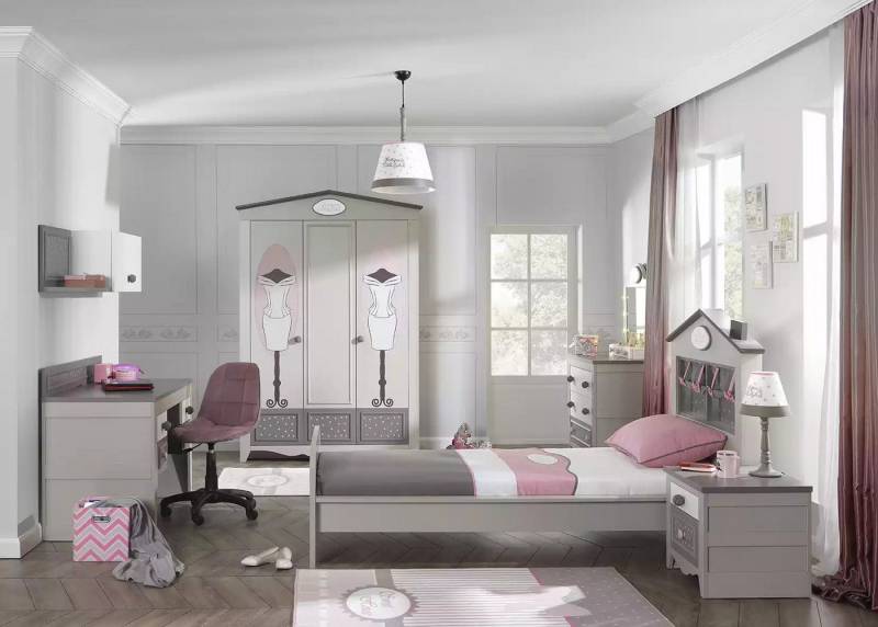 JVmoebel Jugendzimmer-Set Modern Kinderzimmer Garnitur Kinderbett Holzmöbel Grau Möbel 6tlg, (6-tlg., Nur Bett+Nachttisch+Kleiderschrank+Kommode+Schreibtisch+Regal), Made in Europa von JVmoebel