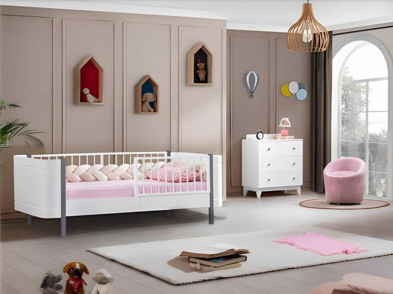 JVmoebel Babymöbel-Set Modern Kinderzimmer Weiß Grau Kinderbett Set Kommode Holz, (2-tlg., Kinderbett + Kommode), Made in Europa von JVmoebel