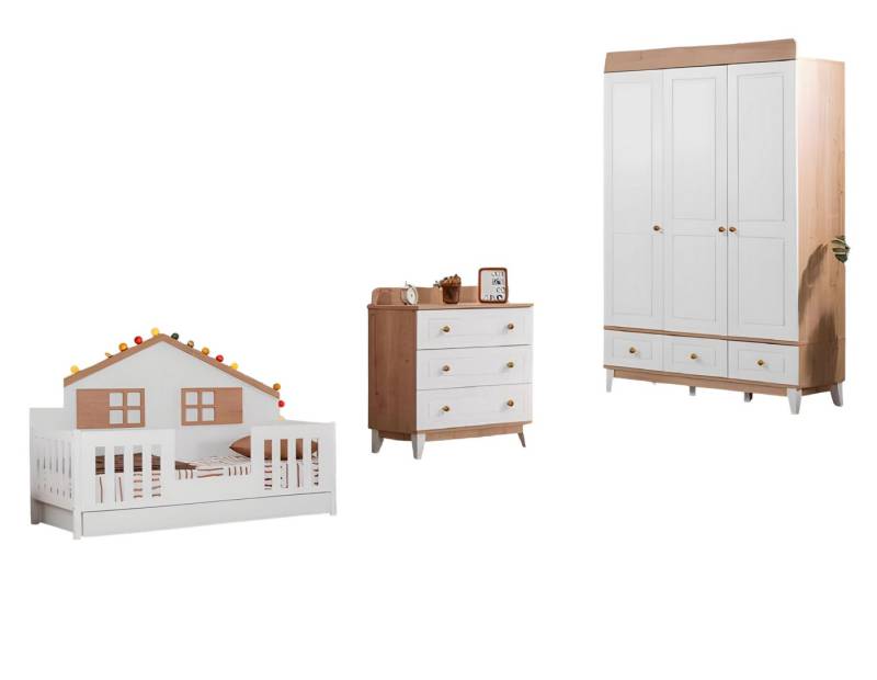 JVmoebel Jugendzimmer-Set Modern Weiß Braun Kinderzimmer Set Designer Bett Schrank Kommode, (3-tlg., Kinderbett + Kommode + Kleiderschrank), Made in Europa von JVmoebel
