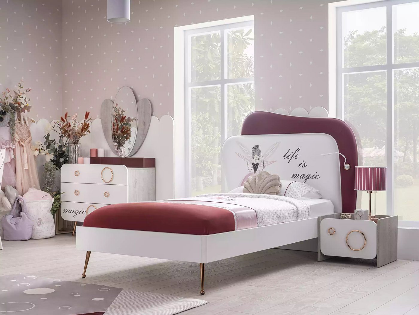 JVmoebel Jugendzimmer-Set Moderne Kindermöbel Luxus Garnitur Bett Kommode Spiegel Nachttisch, (4-tlg., Bett + Nachttisch + Kommode + Spiegel), Made in Europa von JVmoebel