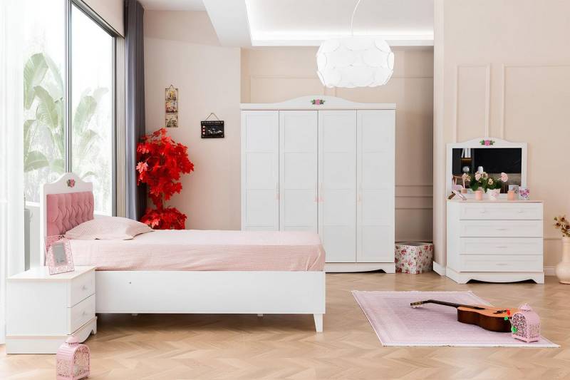 JVmoebel Jugendzimmer-Set Moderne Weiße Kinderzimmer Möbel Luxus Garnitur Kinderbett Kommode, (5-tlg., Kinderbett/Nachttisch/Kleiderschrank/Kommode/Spiegel), Made in Europa von JVmoebel
