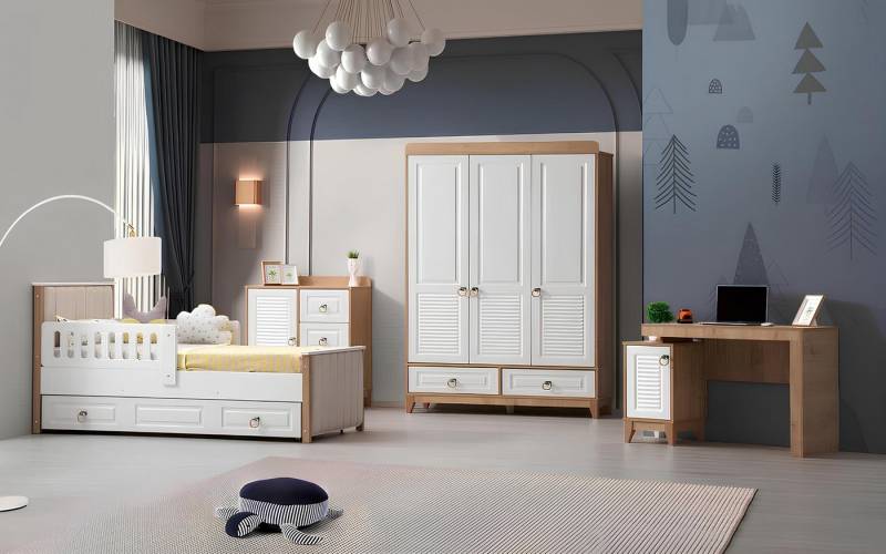 JVmoebel Jugendzimmer-Set Modernes Kinderzimmer Set: Bett, Kleiderschrank, Kommode, Tisch, (4-tlg., 1x Bett + 1x Kleiderschrank + 1x Kommode + 1x Schreibtisch), Made in Europa von JVmoebel