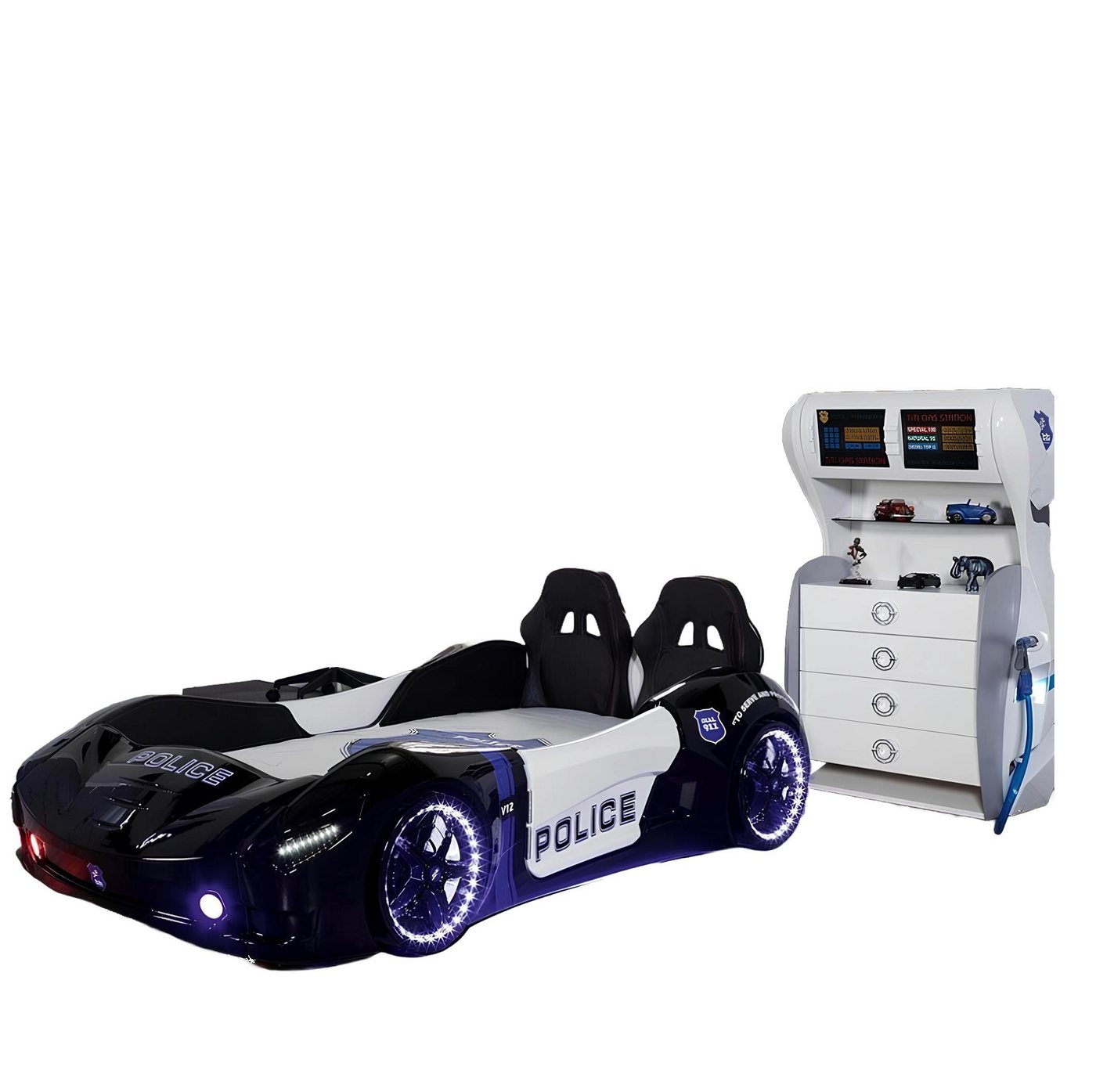 JVmoebel Jugendzimmer-Set Polizei Auto Kinder Schlafzimmer Kinderbett Kommode Schreibtisch 3tlg, (3-tlg., 1x Kinderbett + 1x Kommode + 1x Schreibtisch), Made in Europa von JVmoebel