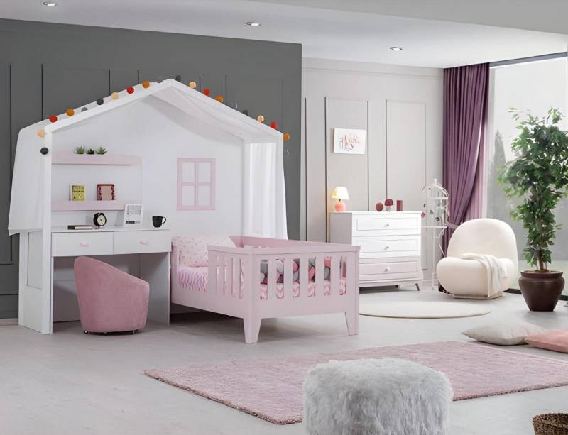 JVmoebel Jugendzimmer-Set Rosa Kinderbett mit Schreibtisch und Kommode für das Kinderzimmer, (3-tlg., Bett + Schreibtisch + Kommode), Made in Europa von JVmoebel