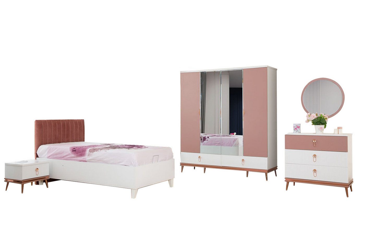 JVmoebel Jugendzimmer-Set Schlafzimmer Komplettes Kinderzimmer Set Bett Kommode Kleiderschrank, (5-St., Kinderbett/Kleiderschrank/Kommode/Nachttisch/Spiegel), Made in Europa von JVmoebel