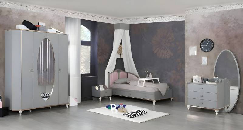 JVmoebel Jugendzimmer-Set Bett Kleiderschrank Nachttisch Kommode mit Spiegel Möbel 4tlg, Made in Europa von JVmoebel