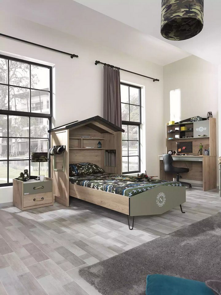 JVmoebel Jugendzimmer-Set Set Kinderzimmer Bett Nachttisch Schreibtisch Bücherregal Grün 4tlg, (4-tlg., Nur Bett + Nachttisch + Schreibtisch + Bücherregal), Made in Europa von JVmoebel